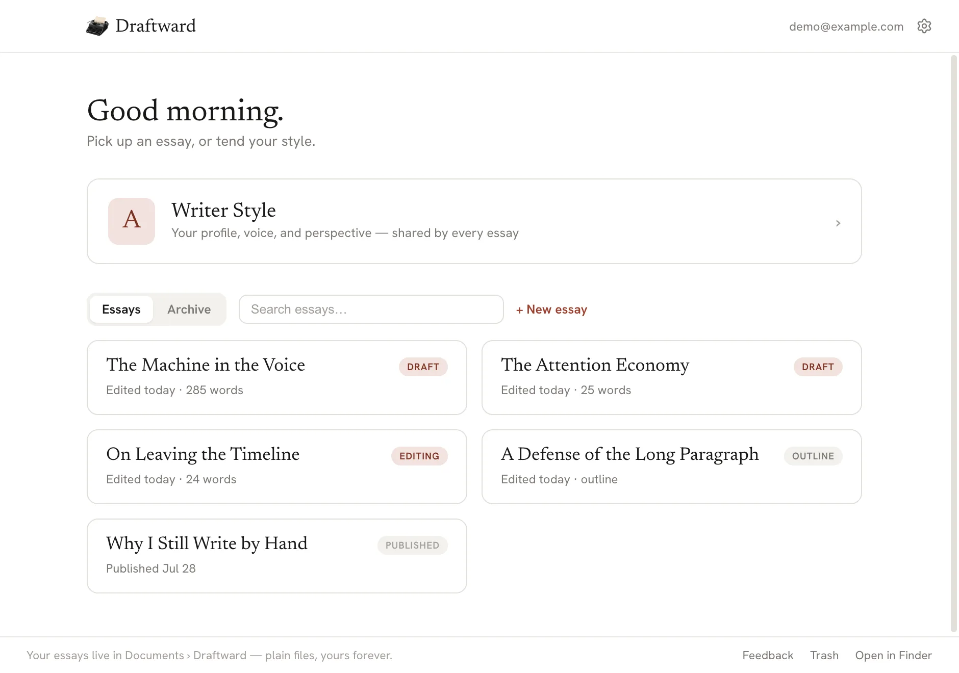 The Draftward shelf: a list of essays, each badged Draft, Editing, Outline, or Published, above a Writer Style card, with tabs for Essays and Archive and a button to start a new essay.