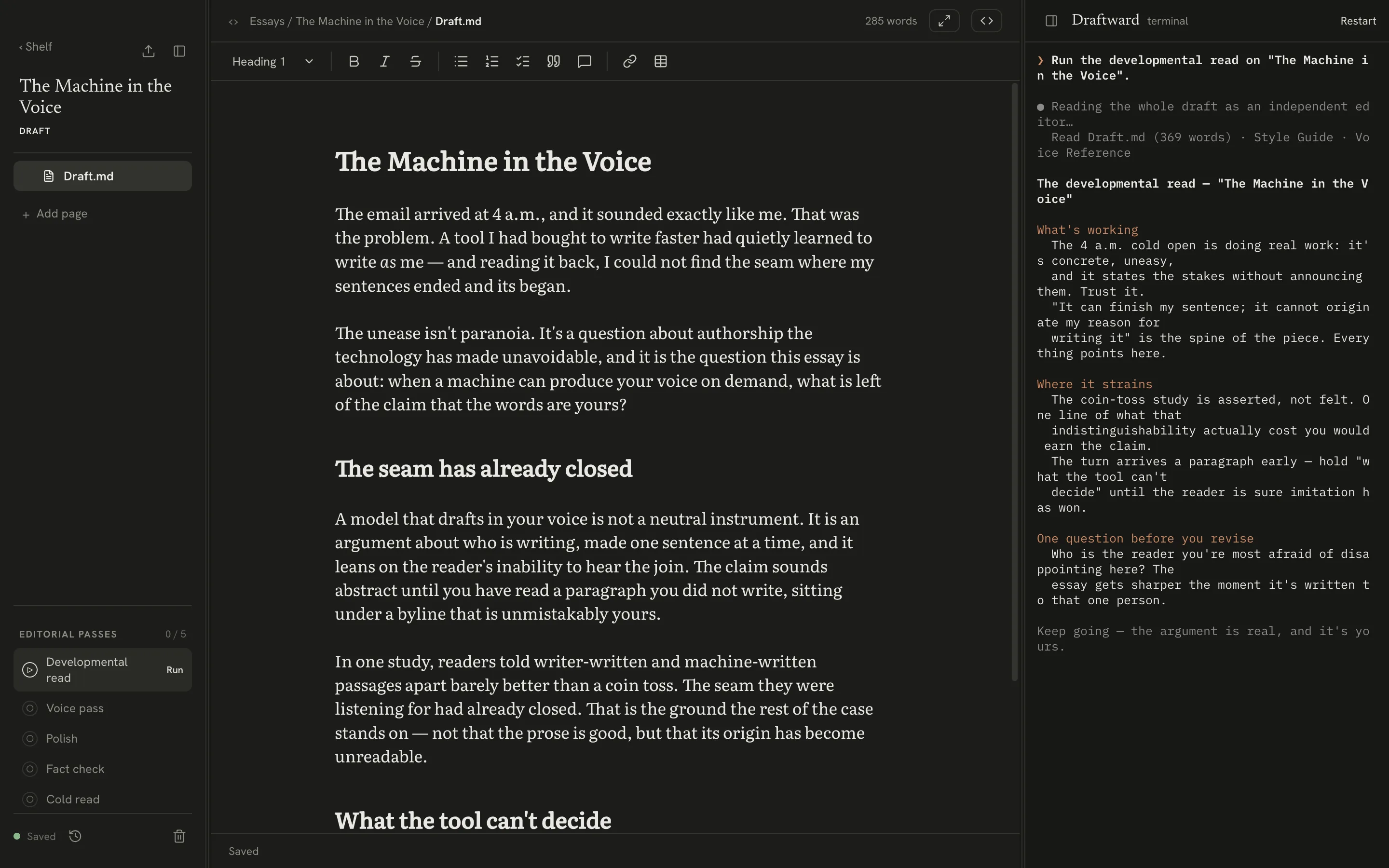 The Draftward editor in the Ivory & Ink theme, dark mode