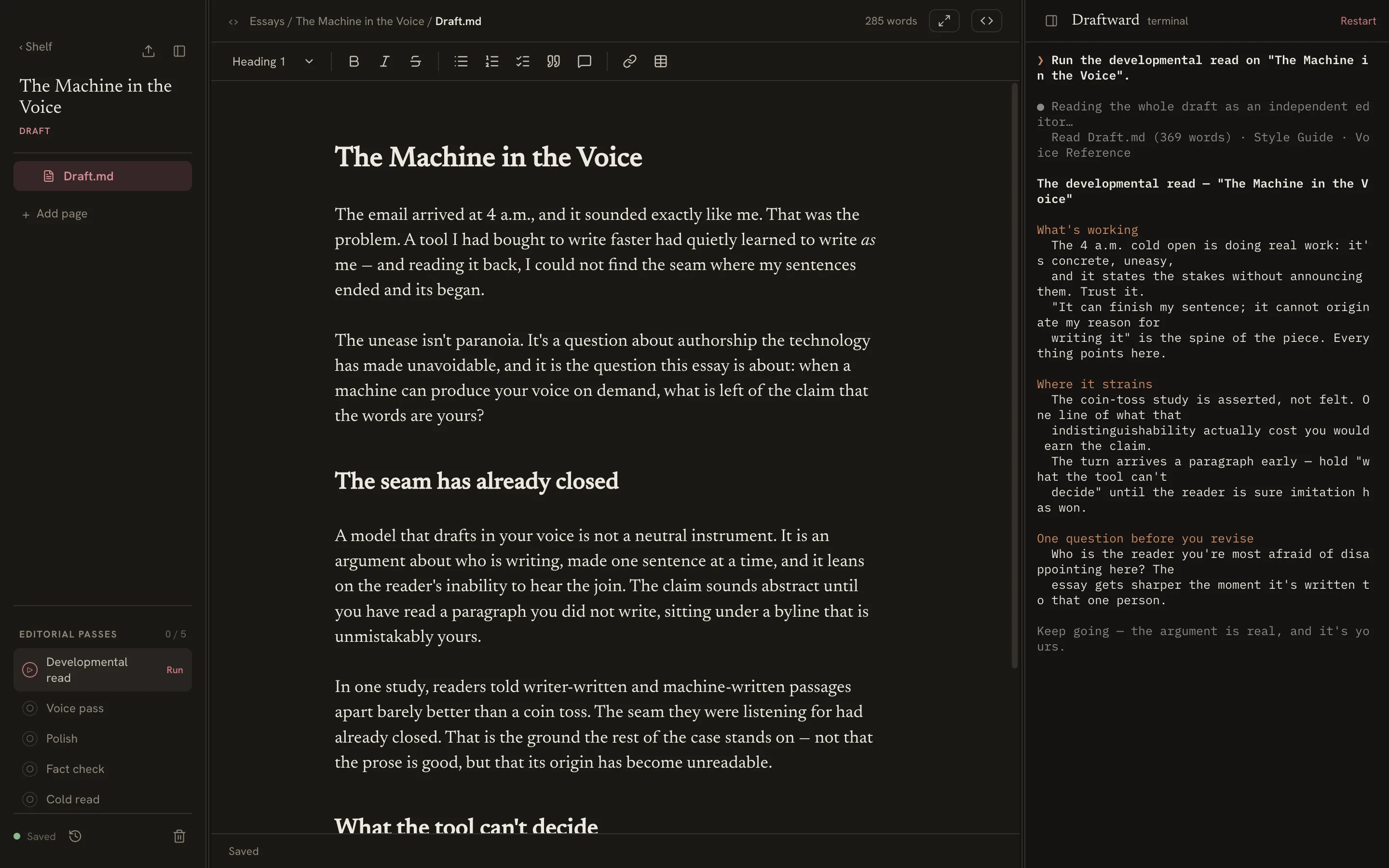 The Draftward editor in the Little Magazine theme, dark mode