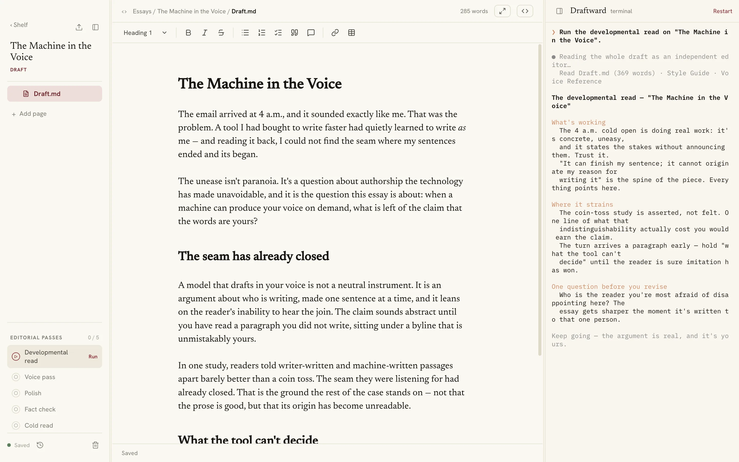 The Draftward editor in the Little Magazine theme, light mode