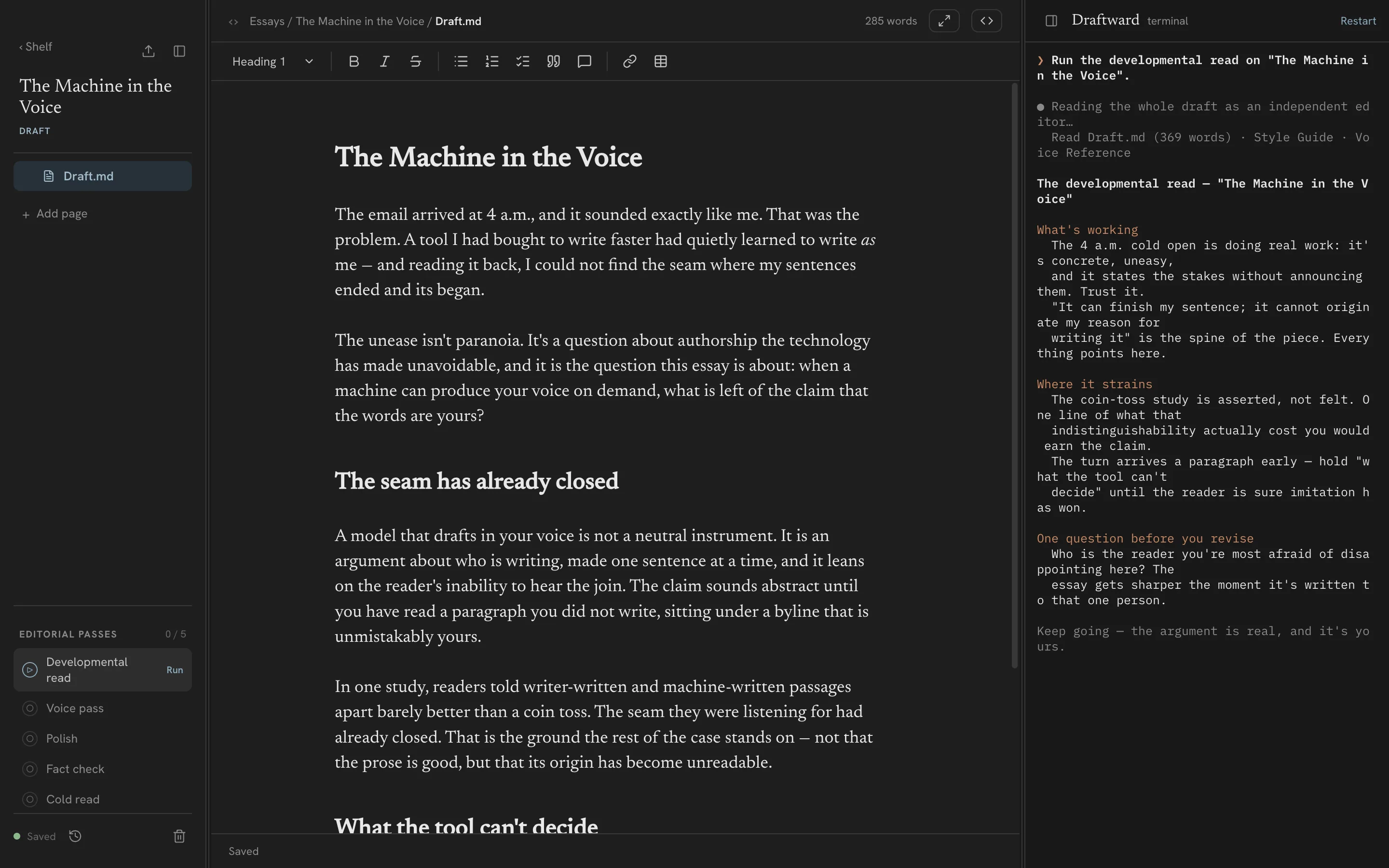 The Draftward editor in the Longform theme, dark mode