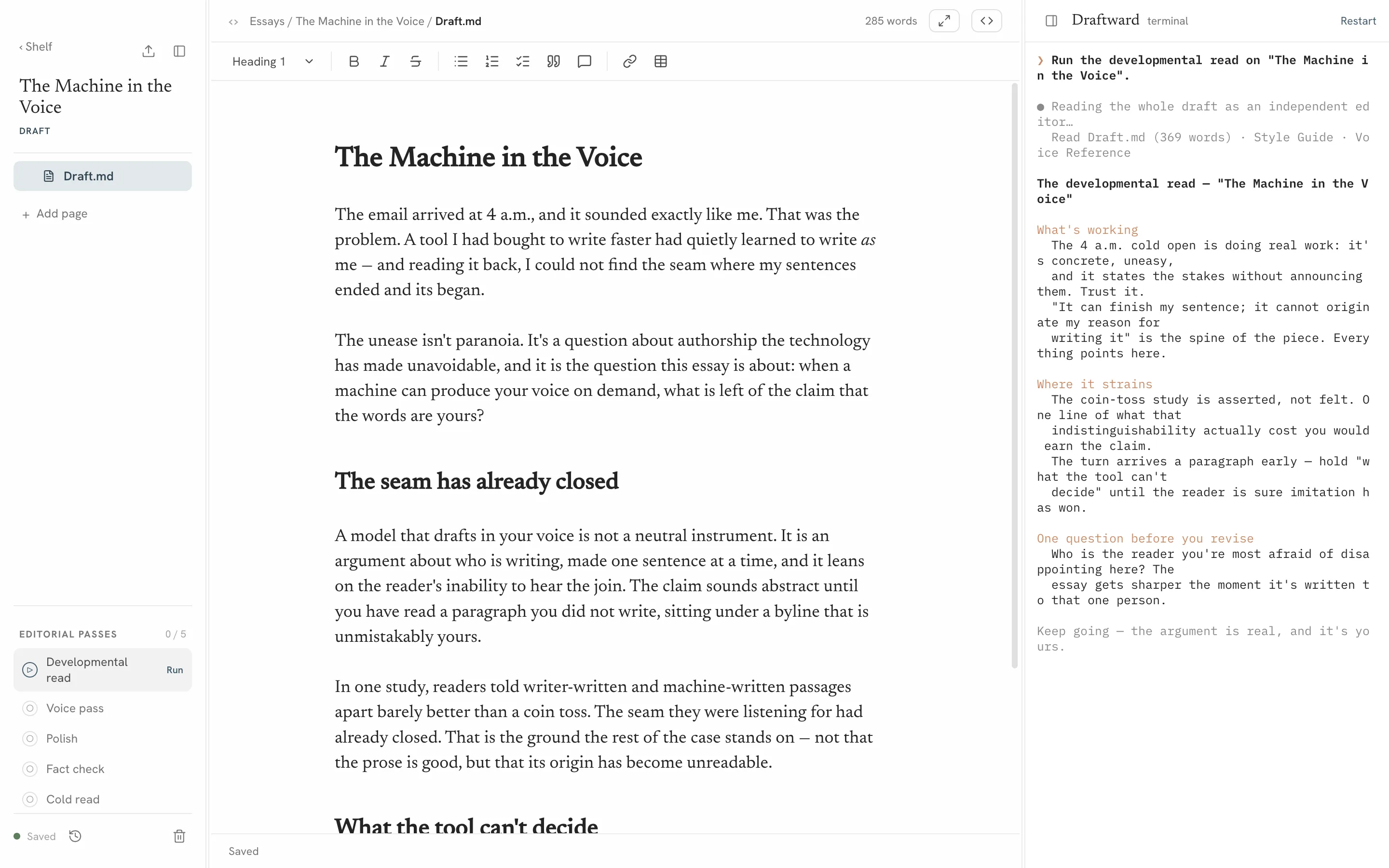 The Draftward editor in the Longform theme, light mode