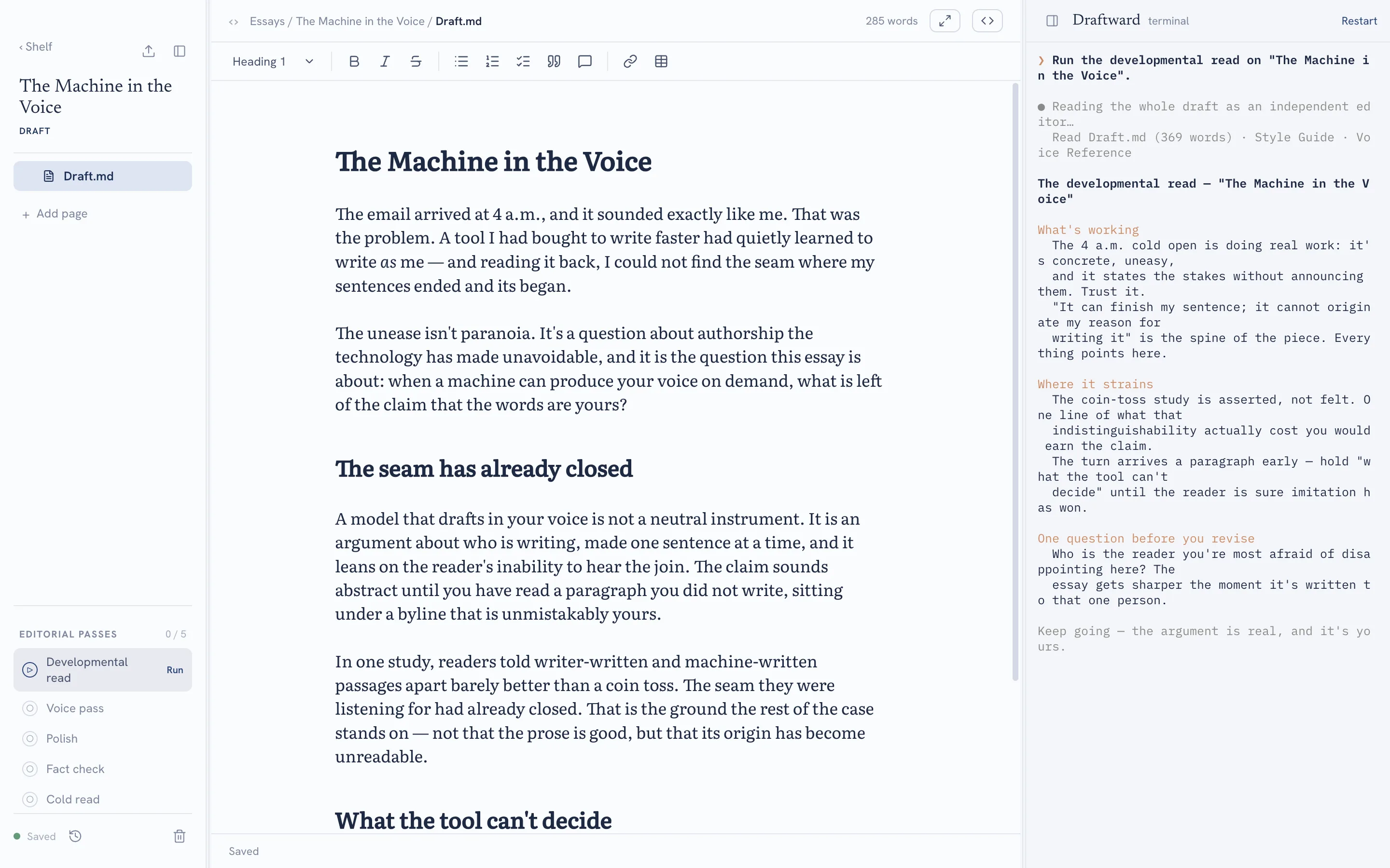 The Draftward editor in the Cloud & Navy theme, light mode