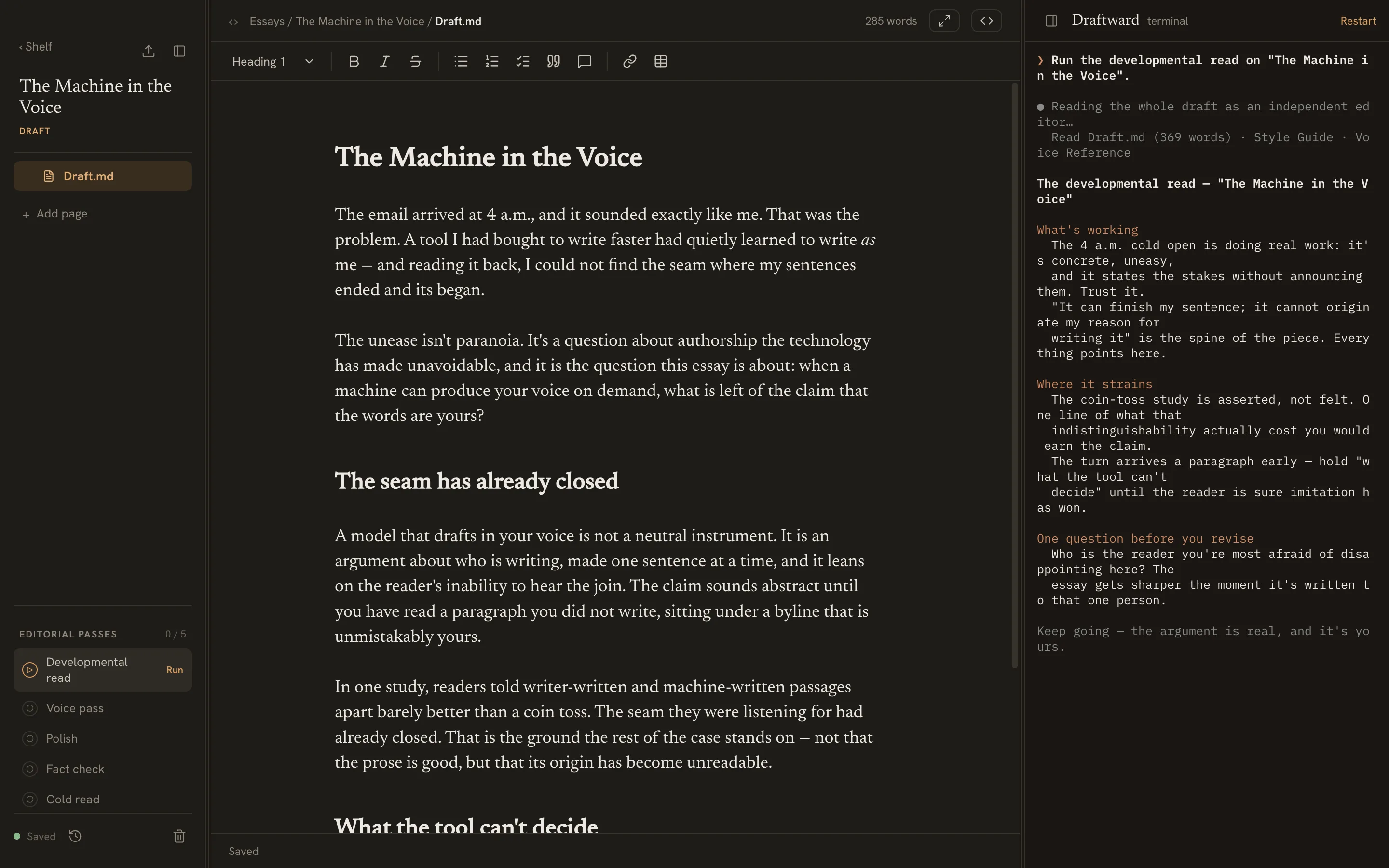 The Draftward editor in the Newsletter theme, dark mode