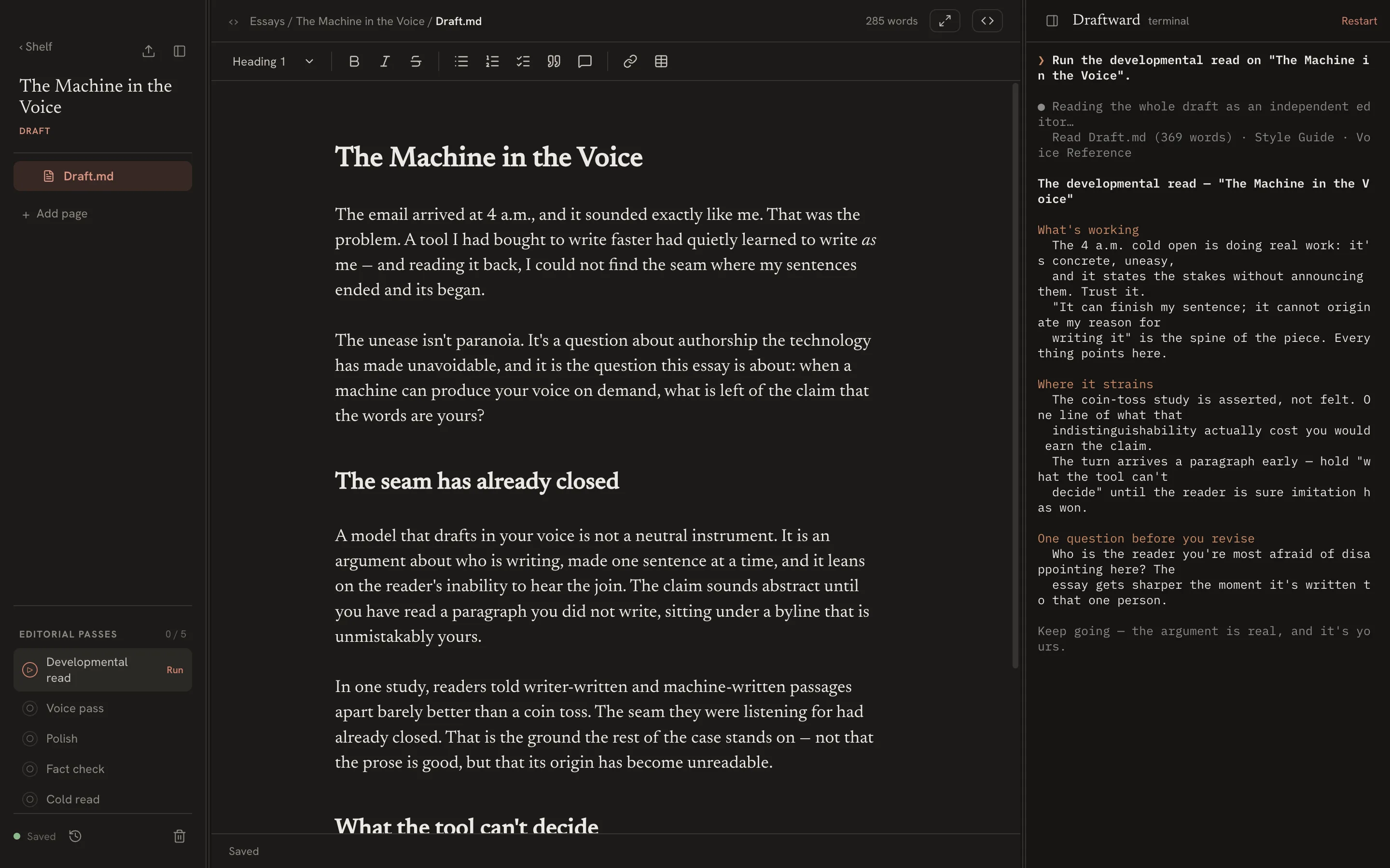 The Draftward editor in the Proof Sheet theme, dark mode