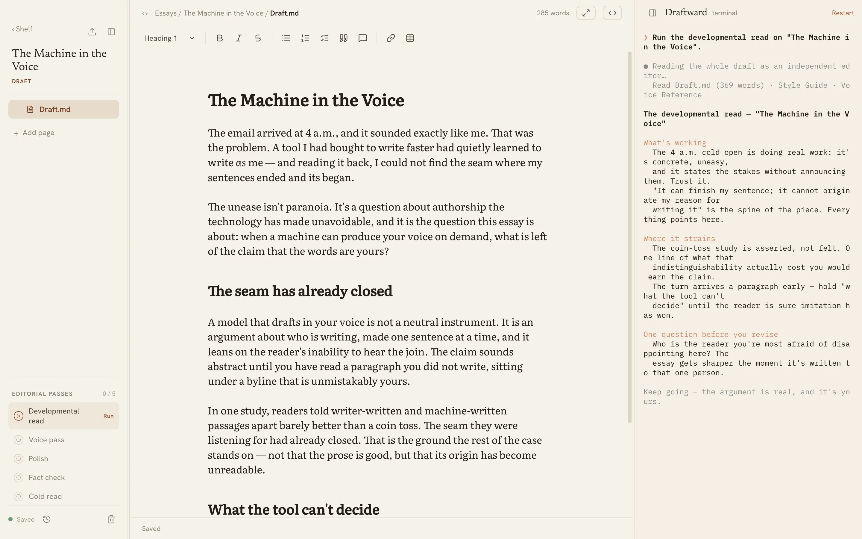 The Draftward editor in the Paper & Terracotta theme, light mode